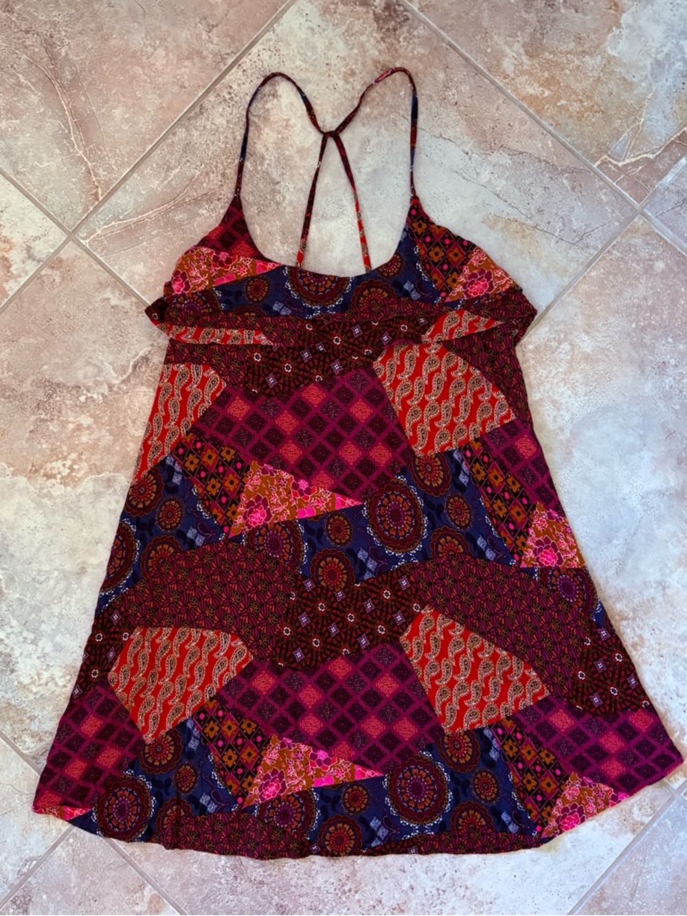 Forever 21 Multicolor Patchwork Spaghetti Strap Sun Dress Size Large Boho Y2K 90